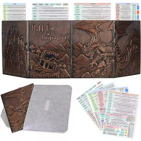 Dungeon Master Screen Faux Leather Embossed Dragon & Mimic, Four-Panel with Pockets DM Screen for Du