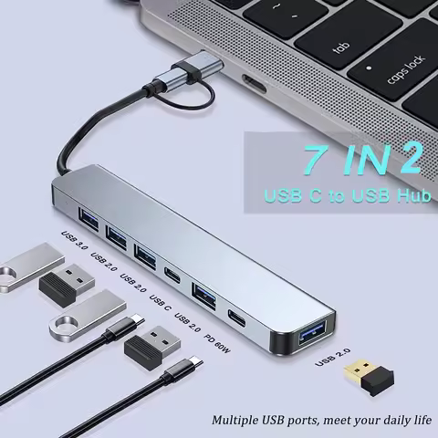 Aluminum 7 in 2 USB Hub USB C Hub with USB 3.0 Multiport USB Splitter Adapter with 5 USB & 2 USBC Po