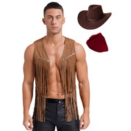 【MirthLane】 Mens Western Cowboy Vintage Faux Suede Tassel Vest Tops Open Front Rivets Fringe Waistco