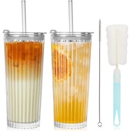 18oz Ribbed Glass Tumbler with Lid and Straw Set of 2: Leak-Proof Drinking Glasses to Go, Reusable I