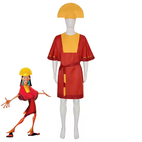 Anime Emperor Kuzco Cosplay Costume King red Jumpsuit Yellow Hat Belt Outfits with Men Halloween Fan