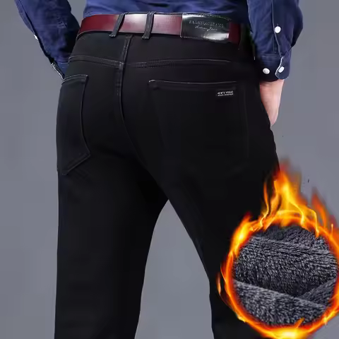 2025 New Business Casual Trousers Grey Fleece Men Clothes Black Blue Elasticity Warm Winter Jeans Ve