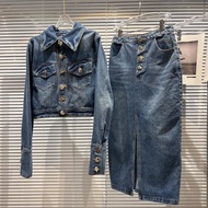 ชุดเม็ดกระดุมโลหะ Jaket Denim Biru ชุดกระโปรงสองชิ้นยาวคอ GG899เสื้อผ้าผู้หญิงฤดูใบไม้ร่วง