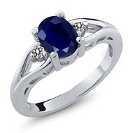 Gem Stone King 925 Sterling Silver Blue Sapphire and White Diamond Engagement Ring | 1.86 Cttw | Ova