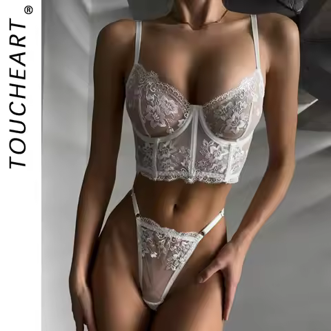 Toucheart Erotic Lingerie Panty 2PCS Embroidery Floral See-through Lace Slim Gather Together Seducti