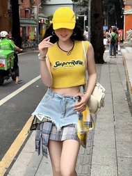 กระโปรงยีนส์สั้นเอวสูงลายสก็อตสไตล์ Y2K กระโปรงทรงเอเข้ารูปสำหรับผู้หญิงในช่วงฤดูร้อน กระโปรงสั้นทรง