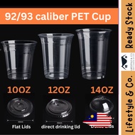 PET Cup 10oz / 12oz / 14oz PET Cup - 50pcs ,Flat lid/Dome lids / direct drinking Lid 92mm/93mm