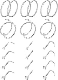 Vegolita 21PCS 18G 20G 22G 316L Stainless Steel Nose Rings Hoop for Women Men Double Nose Ring CZ No