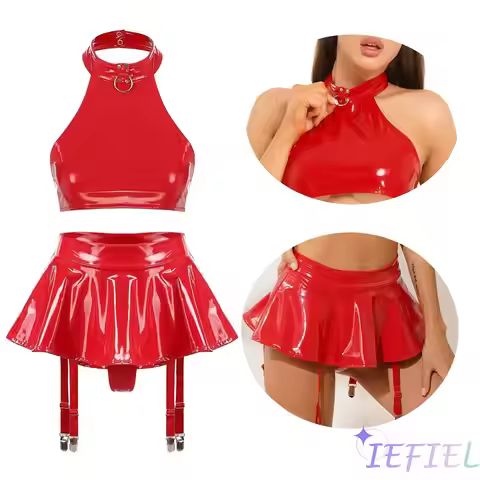 Two-Piece Female Lingerie Set Women Latex Nightclub Outfit Night Club Hot Girl Rave Festival Pole Da