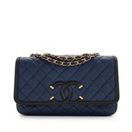 Chanel Navy Quilted Caviar and Black Lambskin Medium CC Filigree Flap Bag Gold Hardware, 2017