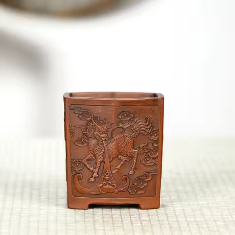 Ceramic Flower Bonsai Pot, Traditional Chinese Carved, Kylin Pattern, Garden Decoration