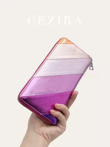 Women Fashion Metallic PU Vegan Leather Long Wallet Luxury Colorful Stripes Patchwork Phone Purse La