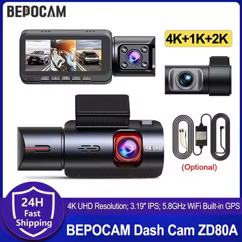 BEPOCAM 3 Channel Dash Cam 4K+1K+2K Built-In GPS 5GhzWifi 170FOV 3.19" IPS Screen Car DVR Night Visi