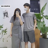 Men's and women's COUPLE t-shirt with round neck and gray letter print mixed with long slit skirt fo