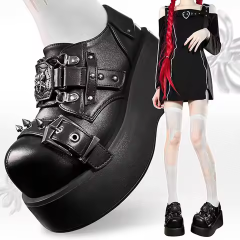 Street Style Girls Lolita Gothic Flat Platform ,Young Women Gyaru Spider Rivets Punk Elevator Shoes