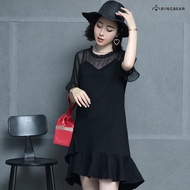 Sweet Elegant Dot Transparent Skin Stitching Chiffon Lotus Leaf Hem Dress (Black.apricot L-3L) Eye R