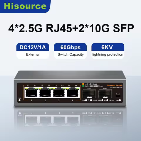 Hisource 4 Port 2.5G Ethernet Switch None POE Network Switch with 2 Port 10G SFP+ Unmanaged Plug and