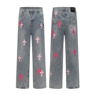 LILS Chrome Hearts Four Seasons Cross Embroidered Leather Jeans Couple Style