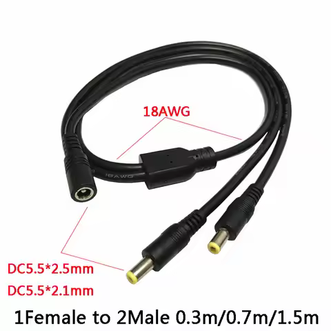 DC Power 1 Female to 2 Male Way Splitter Adapter Connector Plug Cable 5.5mm*2.1mm 18AWG Angled For C