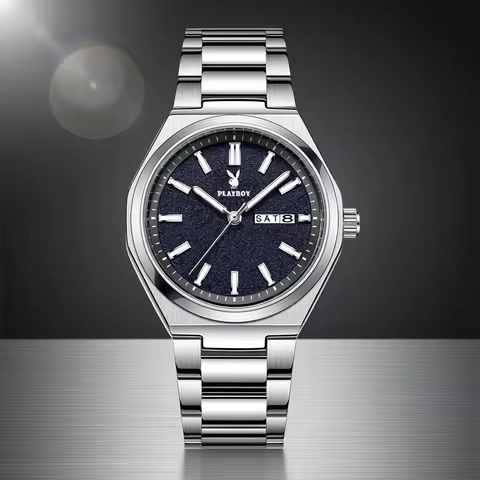 PLAYBOY 3110 Brand Genuine Stainless Steel Strap Double Calendar Men's Quartz Watch