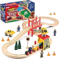 Wooden Train Set Toddler Toys - 38 Pcs Wood Train Track Set for Toddlers 2-4 Years with Crane, Bridge &amp; Accessories - Compatible with All Major Brands