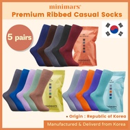 [minimars] Made in Korea Solid Ribbed Cotton Socks (5 pairs) Gift Package - Seoul, The Universe, Gangnam / Durable, Breathable, Mid Calf Crew, Ultra Stretch Material 77