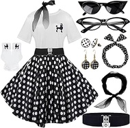 10Pcs Sock Hop Outfits Women, 1950s Poodle Skirts, Poodle T-Shirt with 50s Accessories Socks Scarf H