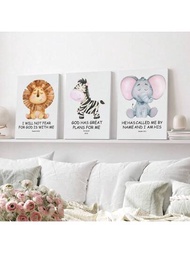 3入組幼稚園牆畫，嬰兒、兒童臥室、牆壁裝飾、水彩動物童話海報、兒童現代藝術設計、帆布壁畫、獅子、斑馬、大象