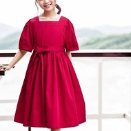 女童紅色復古宮廷風方領泡泡袖手作洋裝禮服