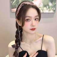 French Light Luxury Chain Tassel Pearl Organza Floral Hairpin Braided Hairband with Teeth Anti-slip 
