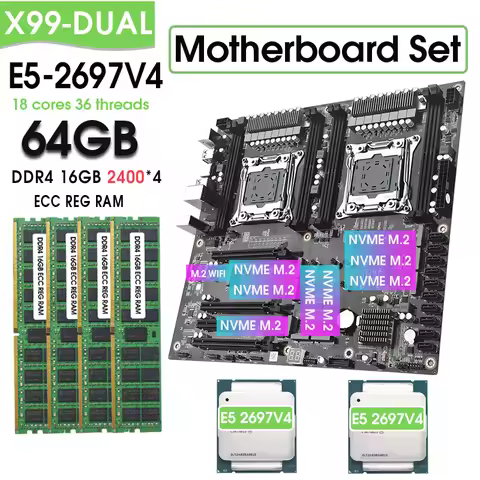 X99 Dual Motherboard Set combo kit with XEON E5 2697 V4*2 and 4*16GB=64GB 2400MHz DDR4 ECC REG Memor