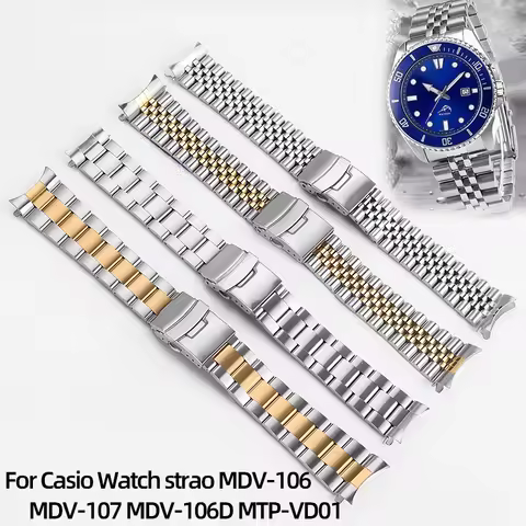 Stainless Steel Arc mouth WatchBand For Casio Watch strao MDV-106 MDV-107 MDV-106D MTP-VD01 Metal Me