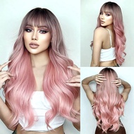 ISHINE Pink Wigs for Women, Long Wavy Curly Wigs, No Lace Colored Wigs with Bangs, Ombre Black to Pi