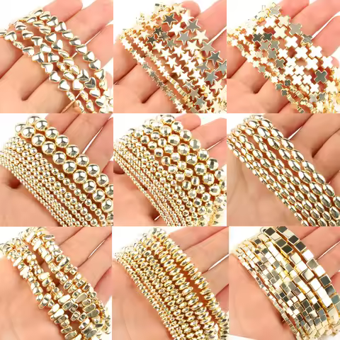 Natural 9k Gold-Plated Hematite Stone Beads Love Heart Star Cube Cross Beads for Jewelry Making Brac