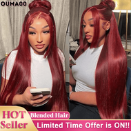 13x4 99j สีเลือดหมู Lace Front Wig ผสมผมมนุษย์ ความหนาแน่น 200% Pre Plucked พร้อมสวมใส่ HD Glueless 