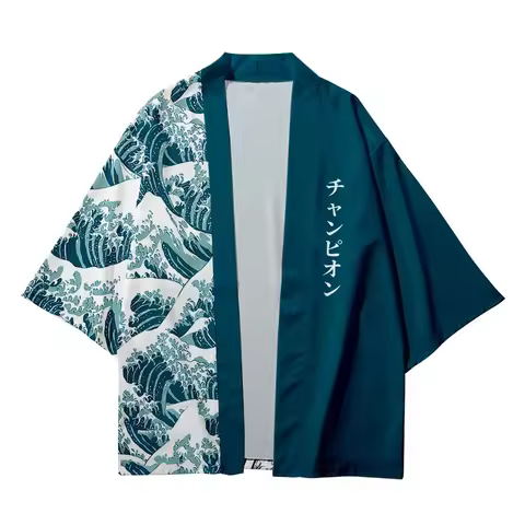 Ocean Print Cloud and Wave Shirt, Haori Traditional Clothing, Japanese Kimono, Asian Streetwear