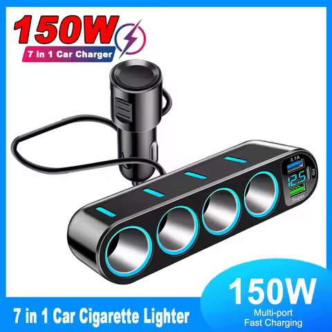 150W Car Charger Adapter 7 in 1 Cigarette Lighter Splitter Fast PD30W/QC 3.0 Fast Charger 12V/24V DC