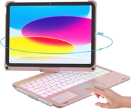 MD iPad 10th Generation case with Keyboard Rainbow Backlight360°RotationMulti Touchpad & Pencil Hold