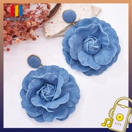 MYRONGMY Blue Rose Earrings, Exaggerate Ornament Denim Blue Fabric Earrings, Denims Handmade Denim F