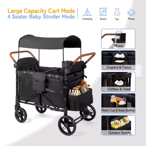 Baby Wagon Stroller 4 Seater Heavy-Duty Foldable Beach Wagon 600D Oxford Fabric All-Terrain 4-Child 