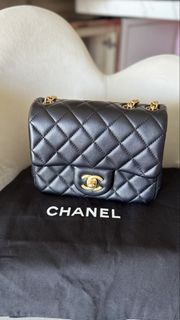 98% NEW Chanel 24 黑金 羊皮 17cm 方胖子 山茶花調節扣 Full Set with HK store receipt