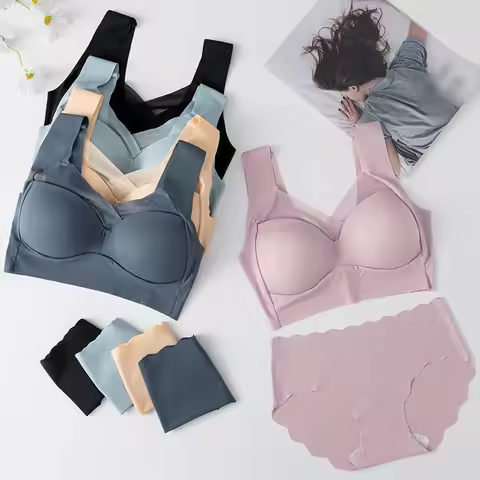 Women Seamless Underwear Set Wireless Ice Silk Thin Back Beauty T Shirt Bra And Smooth Panty Set Sol