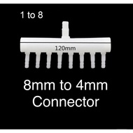 Connector 1 to 8 PE Hose 8/ 11 mm to 7/ 4 mm | 8mm Intake to 4mm Outlet Hose Splitter Fish Tank Fitt