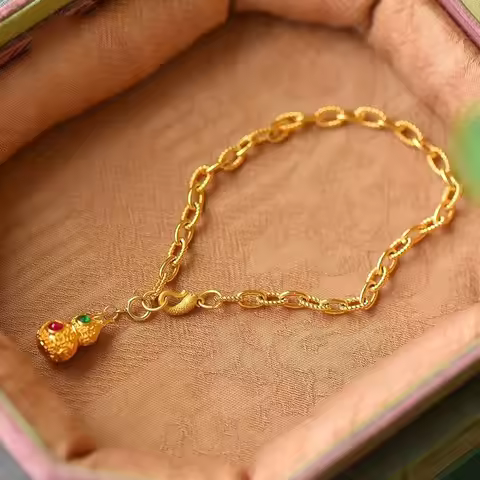 Vintage Simple Classical Natural Jade Chalcedony Small Gourd Bangles Ancient Gold Craft Chain Bracel