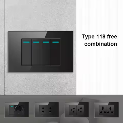 American Black Tempered Glass 15A Wall Light Switch, American Socket, 1 2 3 4 Gang 2 Way Wall Light