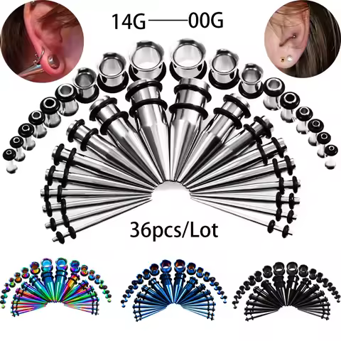 36Pcs/Lot 14G-00G Ear Gauges Stretching Kit Tapers Plugs Eyelets Stainless Steel Tapers and Plugs Ex