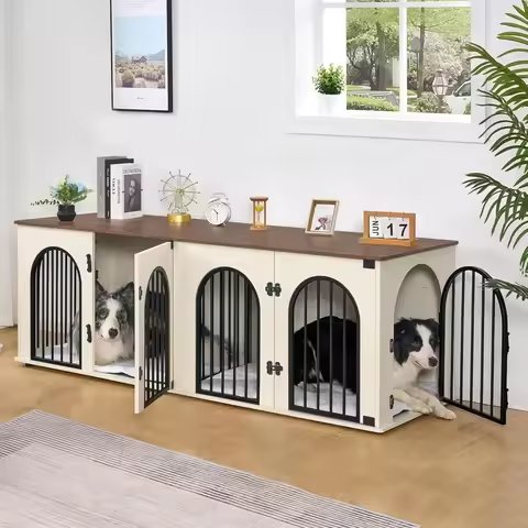 71" Dog Crate Furniture for 2 Dogs, Heavy Duty Indoor Dog Kennel TV Stand, Dog Cage with Divider for