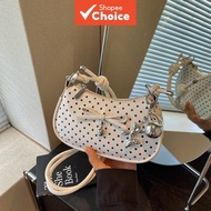 Black White Polka Dot Bow Crescent Bag | Silver Charms Zipper Y2K Crossbody Mini Purse For Women Beg