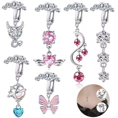 Fake Belly Button Ring Love Wings Butterfly Fake Pendant Belly Piercing Clip On Umbilical Non Navel 