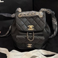 近新品 香奈兒/Chanel Duma小號後背包黑金菱格牛皮
